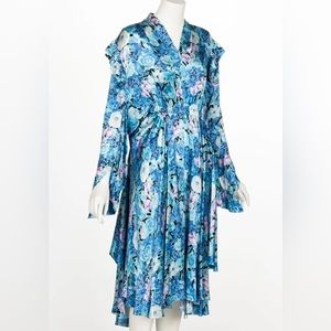 Balenciaga Blue floral print ruffle Satin Midi Dress Spring 2020